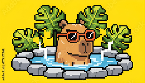 Capybara Wearing Sunglasses Relaxing in Onsen Hot Spring Pixel Art