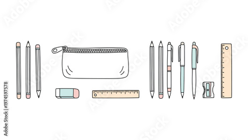 Schilderij op canvas Organized Stationery Set: A collection of essential stationery items, meticulously arranged and ready for creative endeavors or everyday tasks