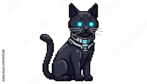 Cyberpunk Black Cat with Glowing Blue Eyes and Robotic Collar Pixel Art