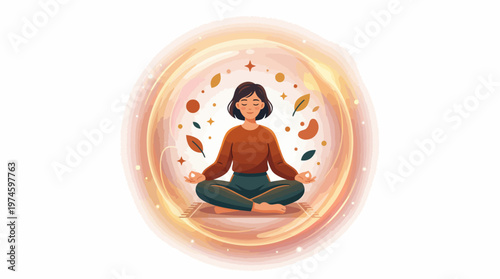Woman meditating in lotus position surrounded by glowing leaves and stars