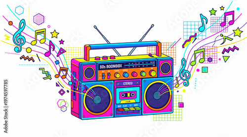 Colorful 80s boombox with musical notes and symbols