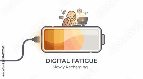Digital fatigue concept with a person sitting on a battery