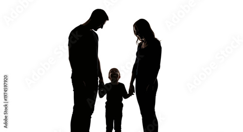 Silhouette of a happy family: parents and child holding hands, isolated on white background