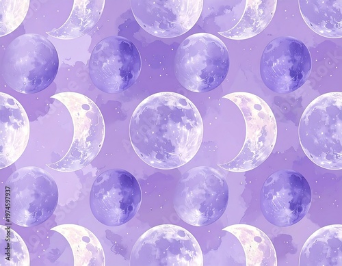 A repeating pattern featuring various phases of the moon in shades of purple. A dreamy celestial background is present