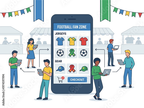 People using mobile app for football fan zone shopping at an outdoor event.