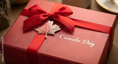 Canada day gift festive red present with maple leaf for july 1st celebrations
