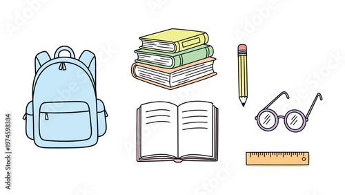 Back to School Essentials: A collection of essential school supplies, including a backpack, books, pencil, eyeglasses, and a ruler, is arranged, ready for a new academic year.