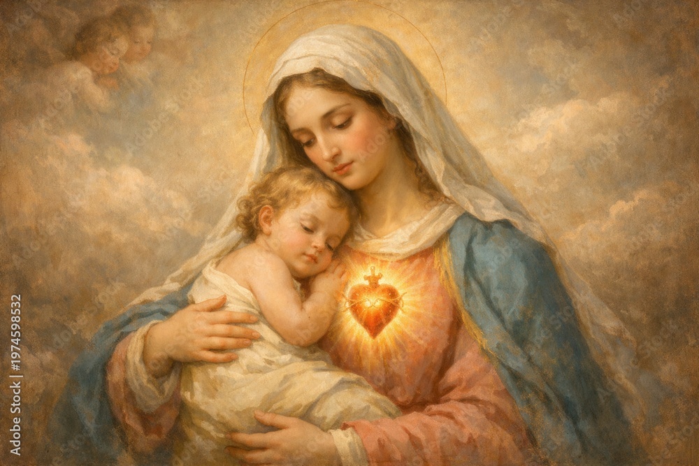 Fototapeta premium Virgin mary holding baby jesus sacred heart religious painting style spiritual christian art