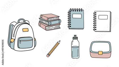 School Essentials: A charming collection of essential school supplies, including a backpack, books, notebooks, pencil, water bottle, and lunchbox, arranged in a visually appealing composition.