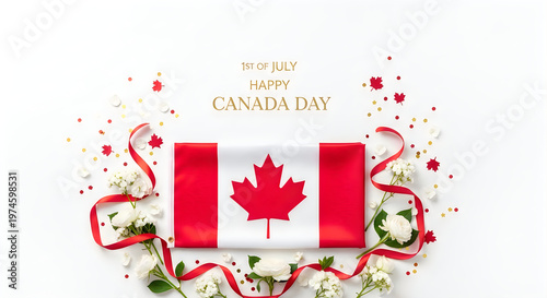 Celebrate canada day festive canadian flag with ribbons and confetti