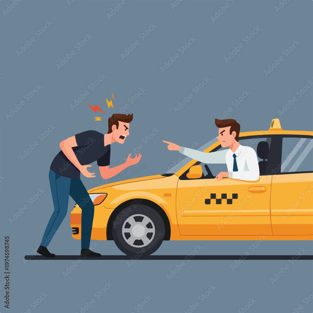 Obraz premium A man argues with a taxi driver, pointing fingers and shouting in the street