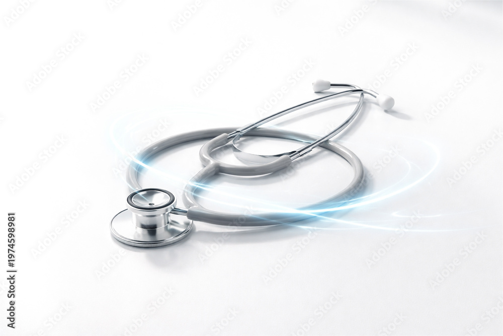 Fototapeta premium stethoscope on white background with glowing light effect. Medical diagnostic instrument for heart and lung exam. Healthcare concept for clinic, doctor, hospital and cardiology research