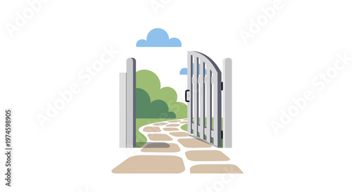 Open Gate Leading to Pathway and Trees.
