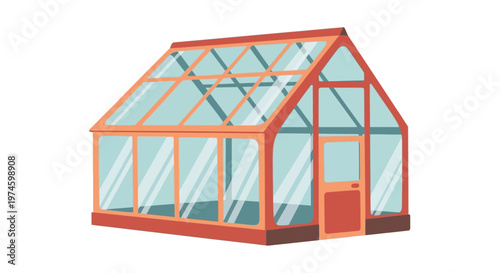 Orange Framed Glass Greenhouse Structure Building.