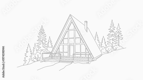 A frame house in the woods with a deck and chimney illustration