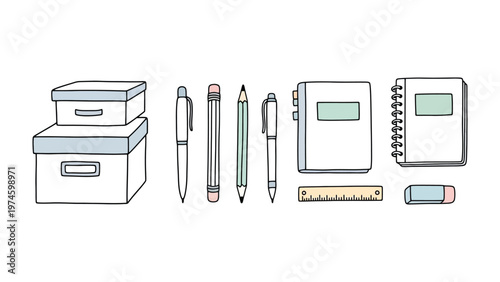 Organized Essentials: An orderly assortment of office and school supplies, including boxes, pens, pencils, notebooks, and a ruler, is laid out neatly.