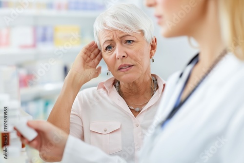Senior Woman with Hearing Difficulty Listening to a Pharmacist's Advice