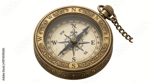 Vintage Brass Compass with Chain Isolated on White Background Navigation Tool