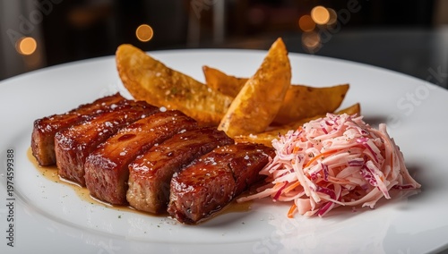 Basic dish featuring pork belly, potato wedges, and pink coleslaw on a white plate. Elegant dinner with straightforward ingredients.