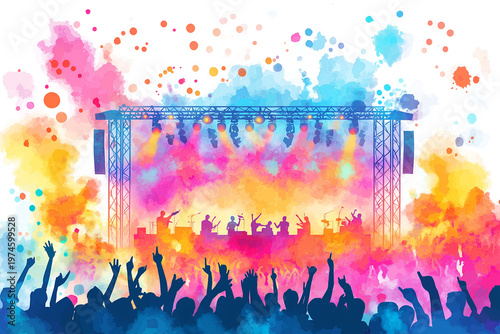 Vibrant Watercolor Music Festival Illustration with Concert Stage and Silhouetted Crowd