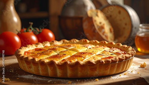 A savory pie on a wooden surface with tomatoes and honey