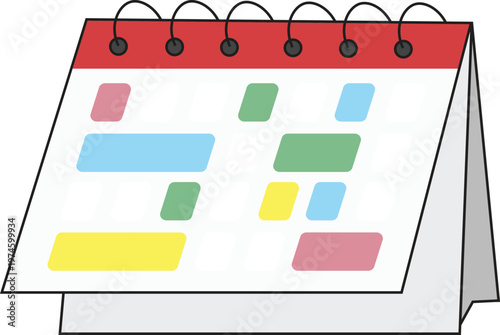 Vector illustration of a desk calendar with spiral binding and colorful highlighted dates. Perfect for concepts of planning, time management, scheduling, productivity, and business workflow.
