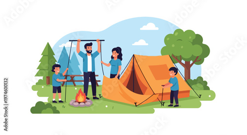 A smiling family works together to set up an orange camping tent outdoors