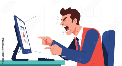 An angry businessman yells and points at a computer screen showing an error sign