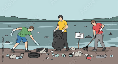 Three volunteers picking up trash and litter along a lake shore to clean it up