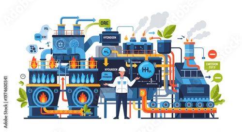 Modern Industrial Plant with Engineer and Green Energy Symbols.