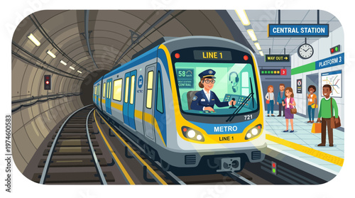 Modern Metro Train with Driver at Station Platform.