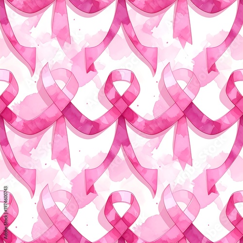 A repeating watercolor pattern features pink ribbons, symbolizing support. The design uses soft gradients and artistic watercolor-like splashes