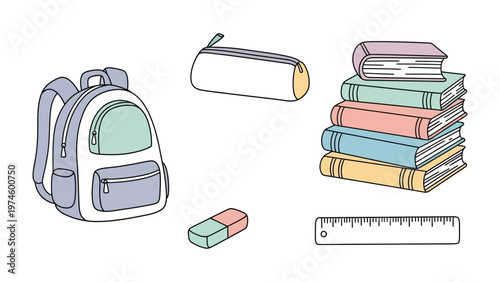 Essential School Supplies: A collection of school essentials, including a backpack, pencil case, stacked books, eraser, and ruler, all meticulously arranged for a clear representation.