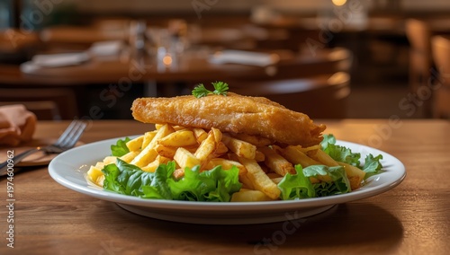 Battered fish with fries and greens