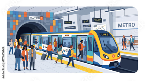 Modern Metro Train Arriving at Busy Station Platform.