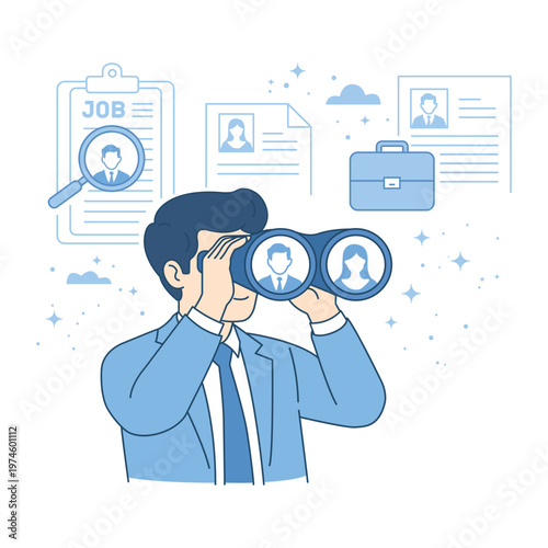 Human resources manager using binoculars to search for job candidates among resumes and applications