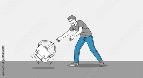 An angry man throws his bag on the ground in a fit of frustration and rage