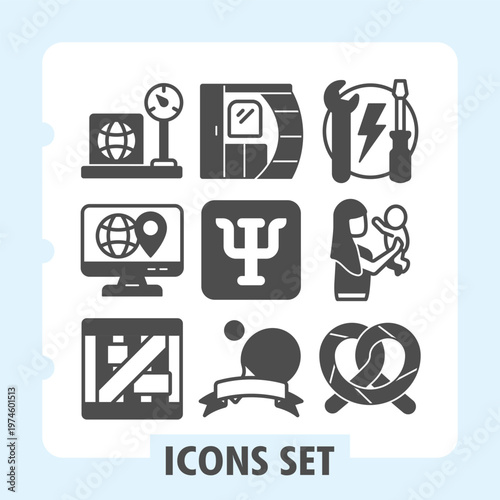 Set of nine solid glyph icons covering logistics, technology, repair, psychology, parenthood and awards concepts on white background. Ideal for web, digital projects and print media.