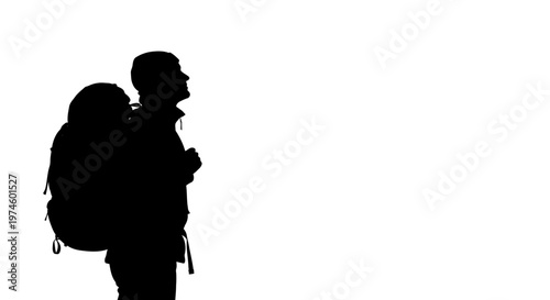 Silhouette of a hiker with backpack looking up at the sky, isolated on white background