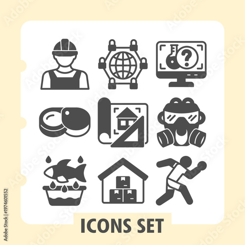 Set of nine modern glyph icons covering industry, science, food and sport concepts on white background. Ideal for web, digital projects and print media.