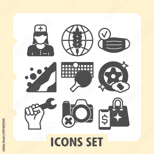 Set of nine modern glyph icons depicting medical care, sports, safety, sports, repair and commerce concepts on white background. Ideal for web, digital projects and print media.