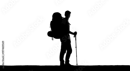 Silhouette of a Hiker with Backpack and Trekking Poles on White Background