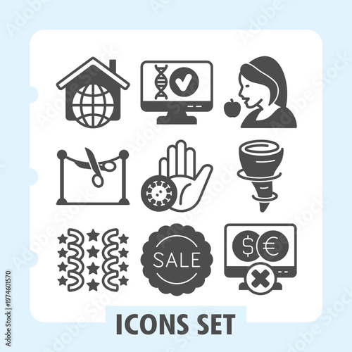 Set of nine modern glyph icons portraying business, health, genetic research, finance and consuming concepts on white background. Ideal for web, digital projects and print media.