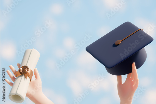 Graduation celebration with diploma and cap held against a blue sky background. 3d rendering