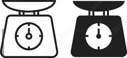 Weight scale icon set. Simple kitchen vectors. Black flat and outline silhouette kitchen food weight tool. Kilogram. Fitness scale for body weight. Mass signs and symbols. Health concepts measurement.