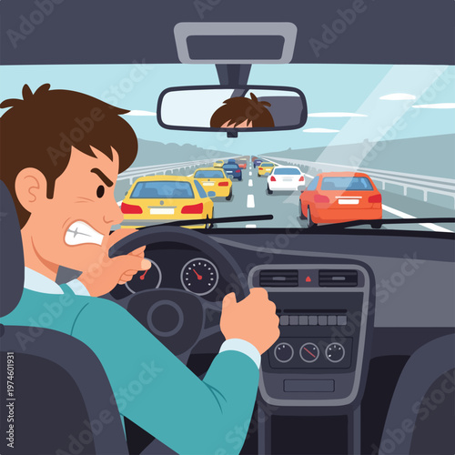 An angry driver experiences road rage while sitting in a congested highway traffic