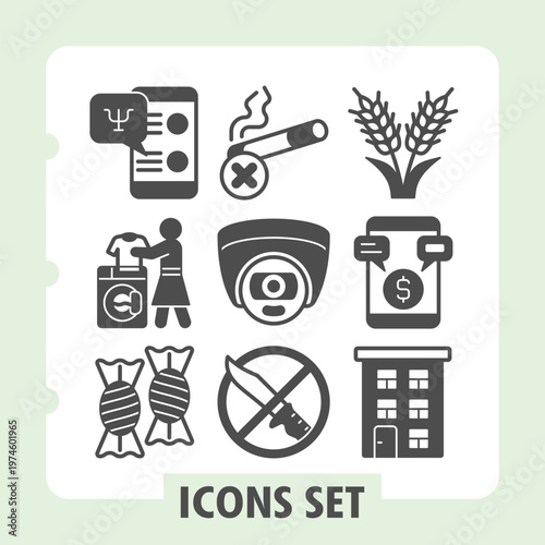 Set of nine solid glyph icons covering mental health, public safety, agriculture, sweets, security and finance concepts on white background. Ideal for web, digital projects and print media.