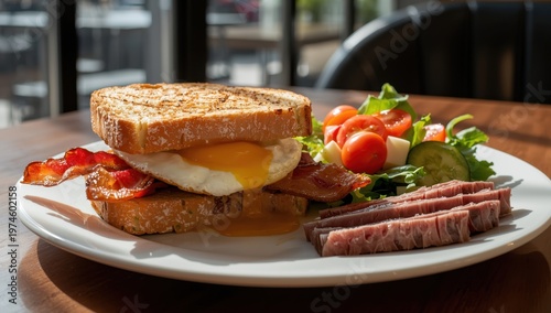 Cafe offering a sandwich with bacon and eggs alongside a side salad.