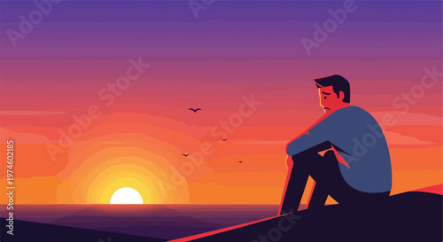 A sad man sits alone on a cliff watching the orange sunset over the calm ocean