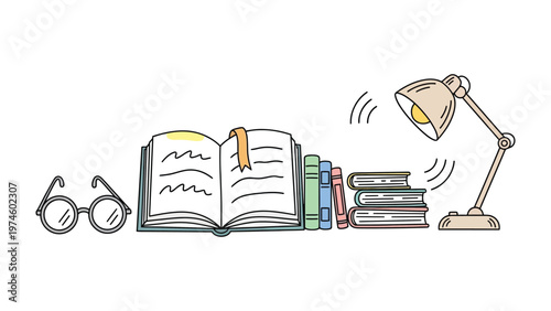 Literary Study and Illumination: A tranquil setup presents a well-read open book with a bookmark, a pile of stories and a desk lamp, suggesting the focused act of learning and discovery.